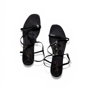 SAINT LAURENT Cassandra Sandals Black Patent Leather + Iconic YSL Logo Size 38